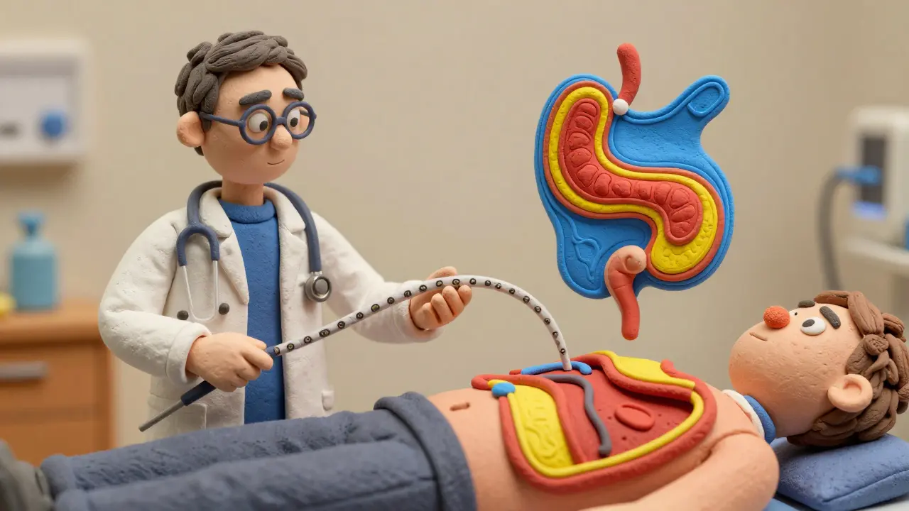 Doctor holding a pressure-sensor tube as colorful esophageal contraction maps float above a patient.