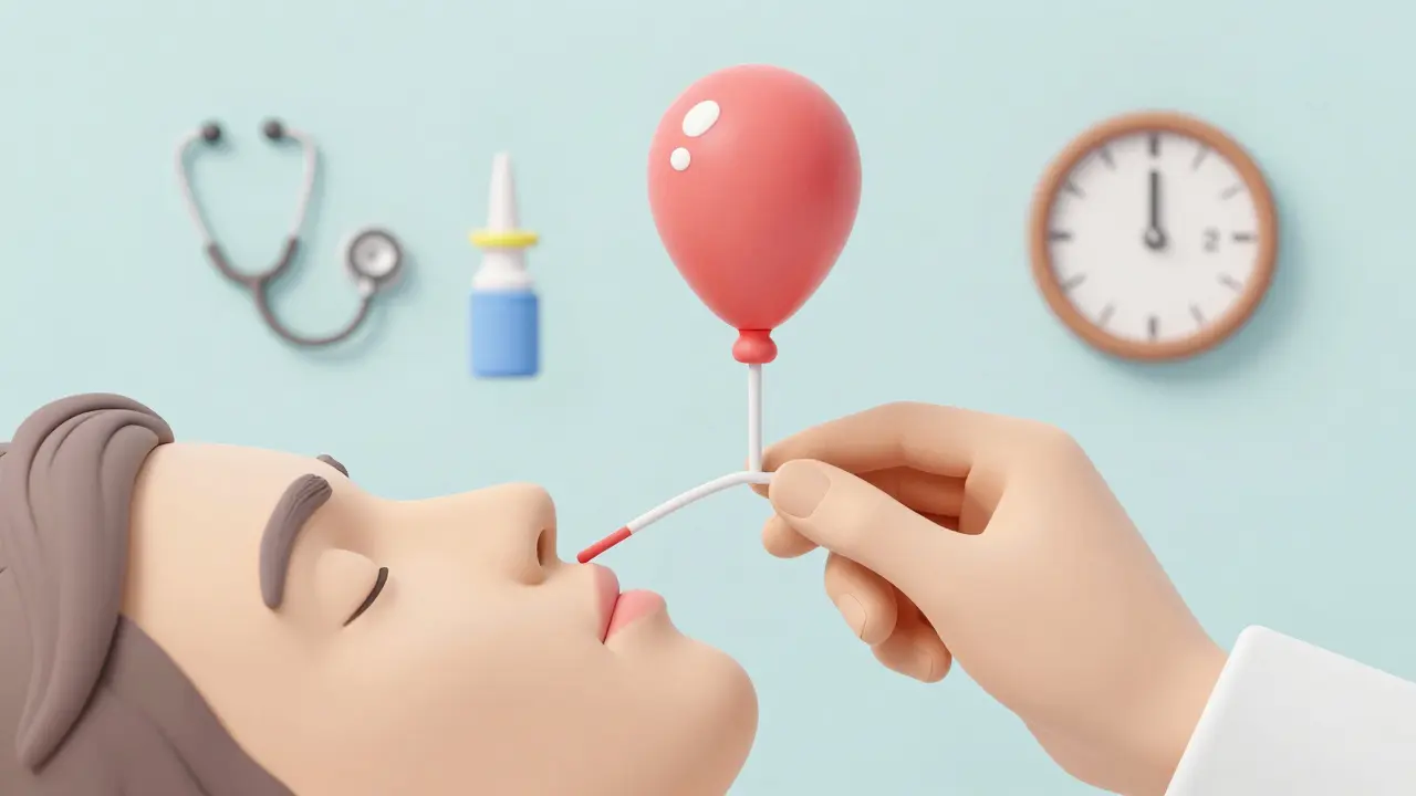 Doctor performing balloon dilation on Eustachian tube with medical icons nearby