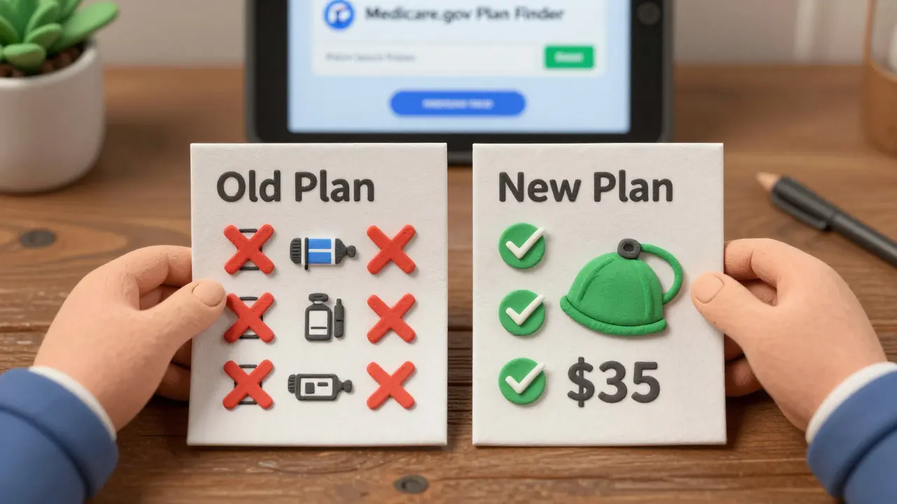 Elderly man comparing two Medicare drug plans with highlighted cost differences for insulin and pharmacies.