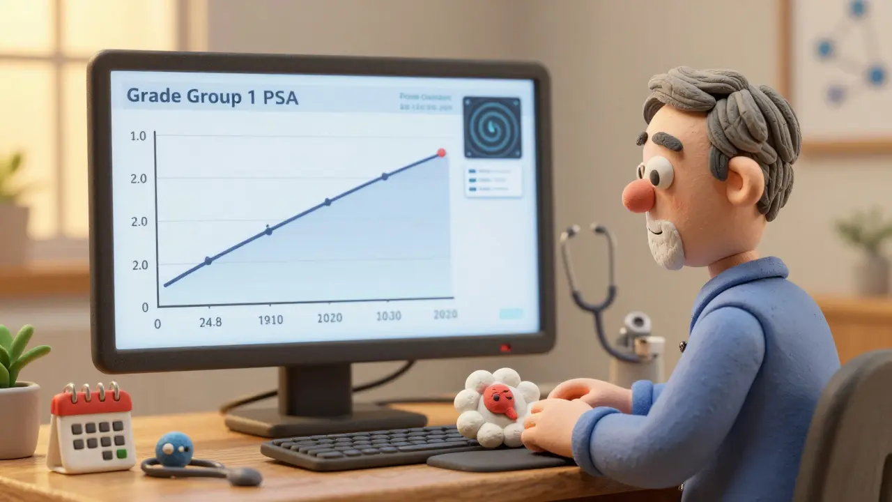 Man watching stable PSA graph with small, peaceful cancer cells resting in his prostate during active surveillance.