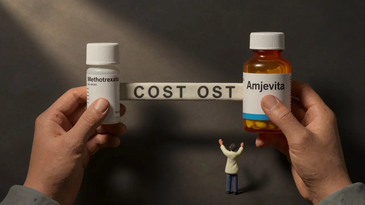 Patient facing cost barrier between expensive biologic and affordable methotrexate bottles.