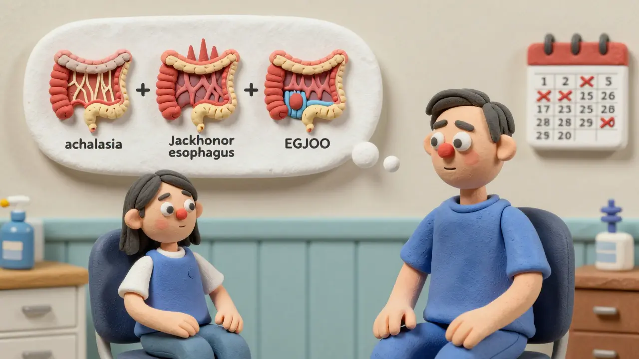 Patient with thought bubbles showing three esophageal disorders and a calendar marking years of delay.