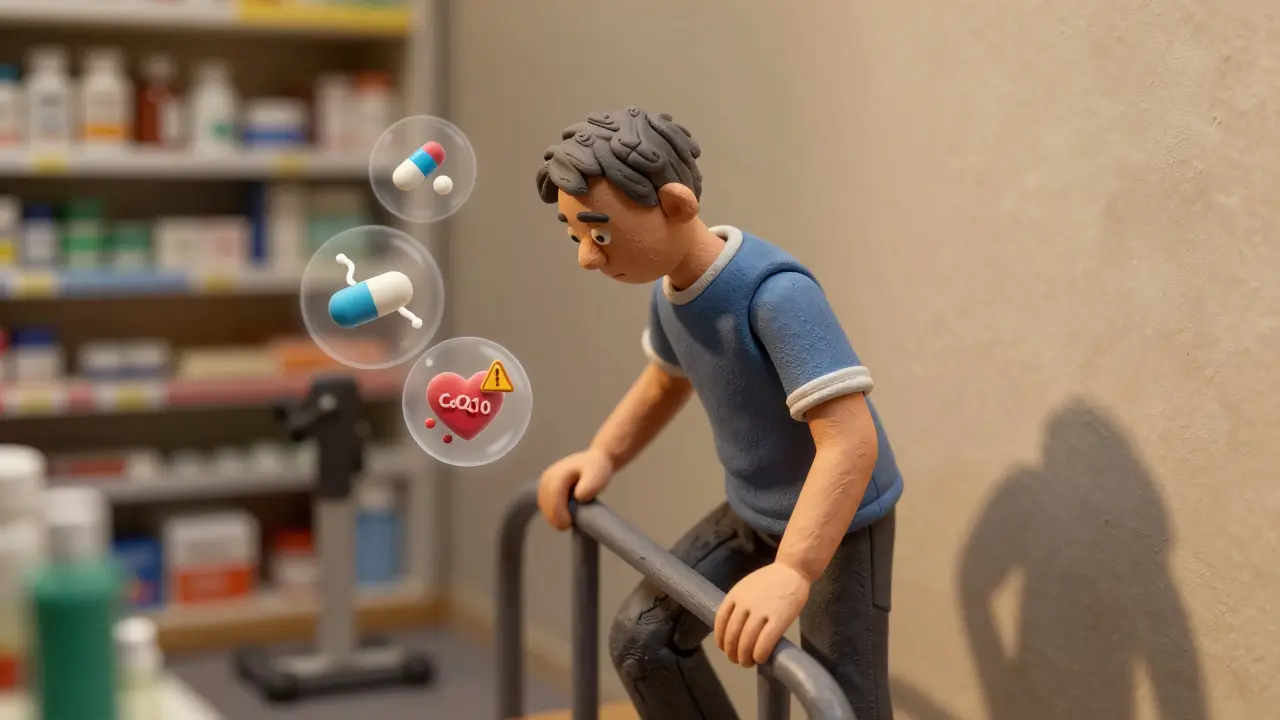 Person struggling to climb stairs with floating symbols of statin side effects: pill, broken channel, and warning heart.