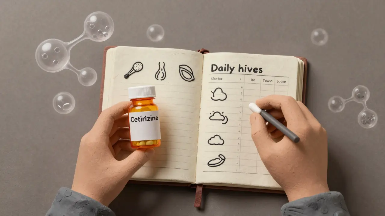 Person tracking hives symptoms with journal and antihistamine pill nearby