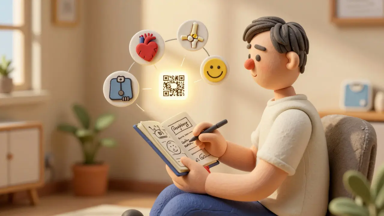 Person with clear skin holding a journal, surrounded by icons of heart health, joint comfort, and wellness.