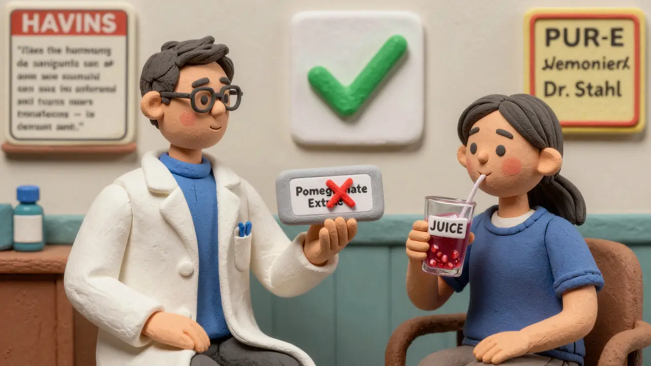 Pharmacist rejecting pomegranate extract pills while patient drinks juice safely.