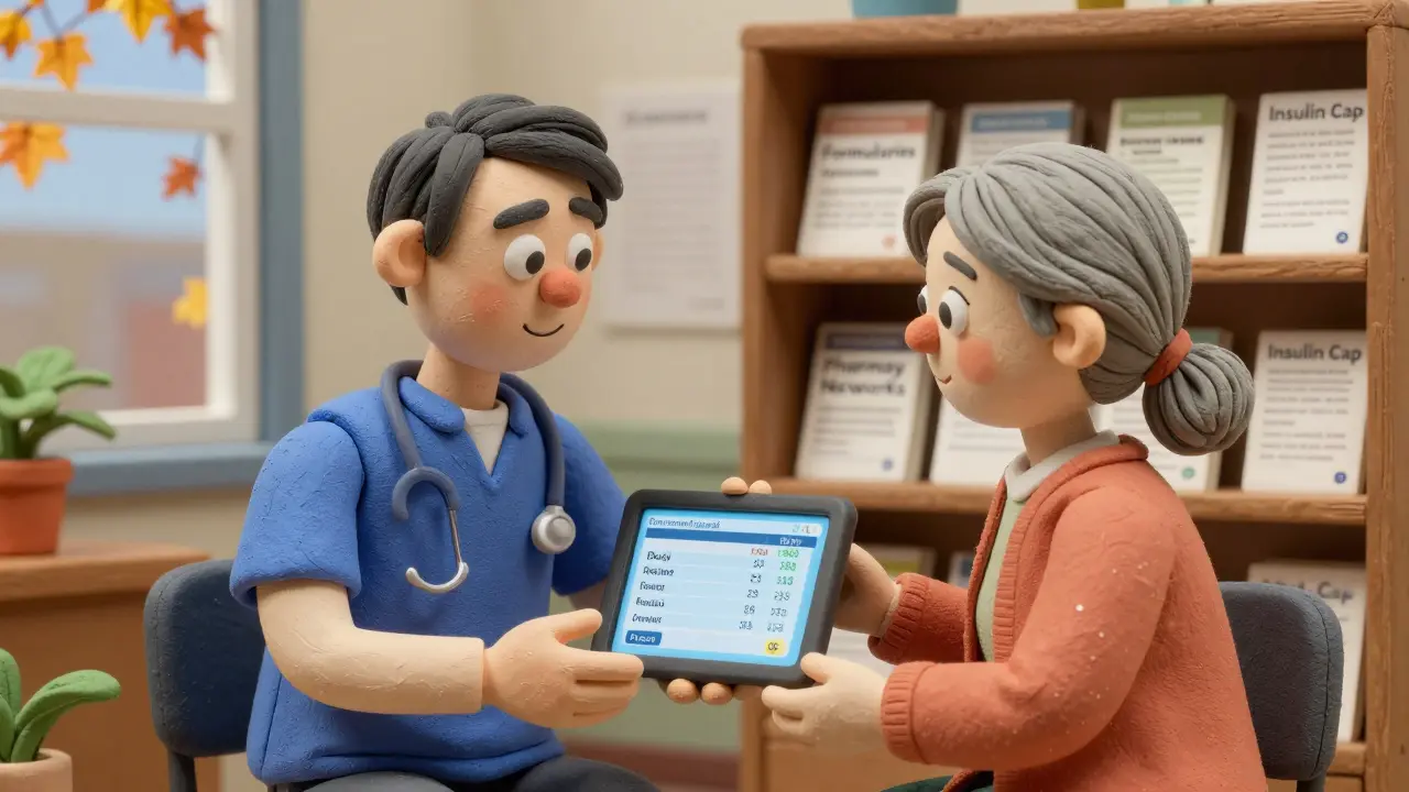 SHIP counselor helping an older woman understand Medicare plan options using a tablet in a community center.