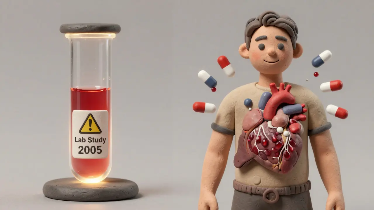Split illustration: lab test tube with warning vs. healthy human body with safe drug flow.
