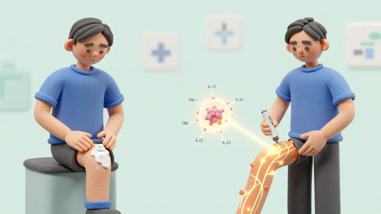 Split illustration showing topical cream application and biologic injection with glowing immune targets inside the body.
