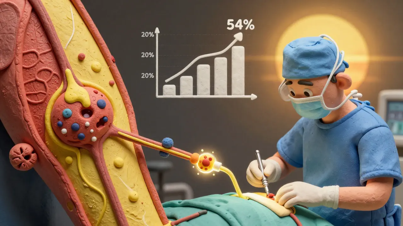 Split scene: tumor blocking bile duct on left, surgeon removing tumor on right, with rising survival graph in warm sunrise light.