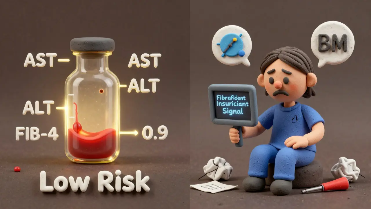 Split view: low FIB-4 blood score vs failed FibroScan scan due to high BMI in clay illustration.