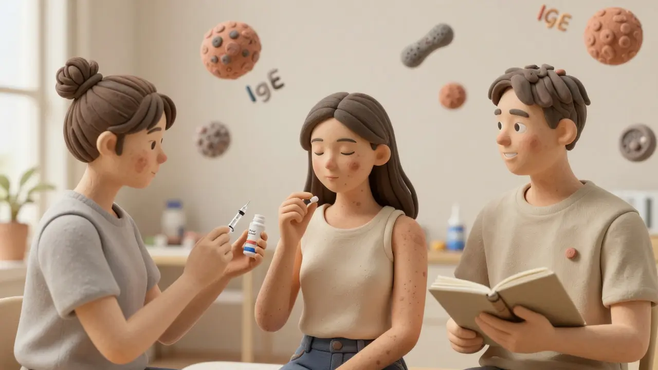 Three people in clinic with fading hives, receiving different treatments