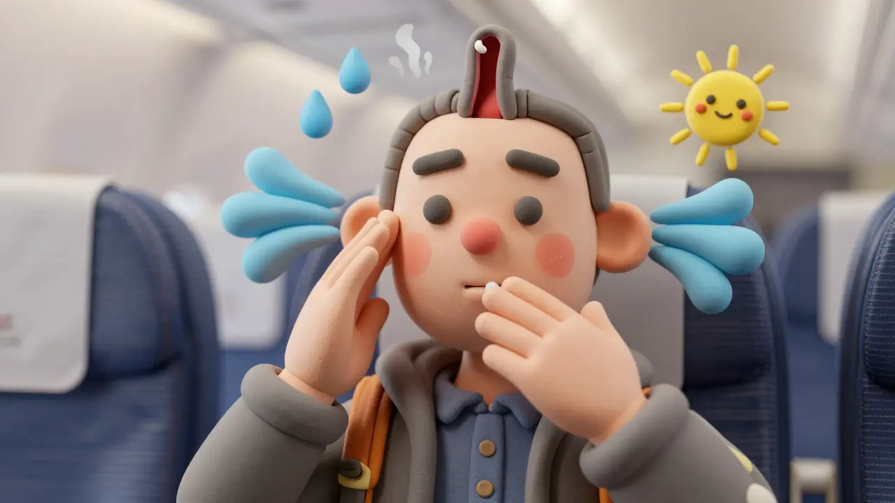 Traveler chewing gum on a plane with cartoon pressure waves popping from ears