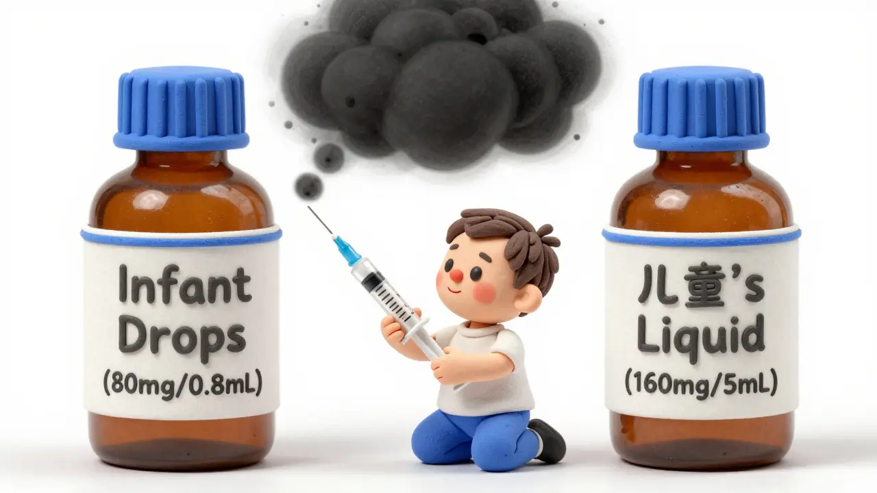 Two medicine bottles side by side with different concentrations, child using correct dosing syringe.