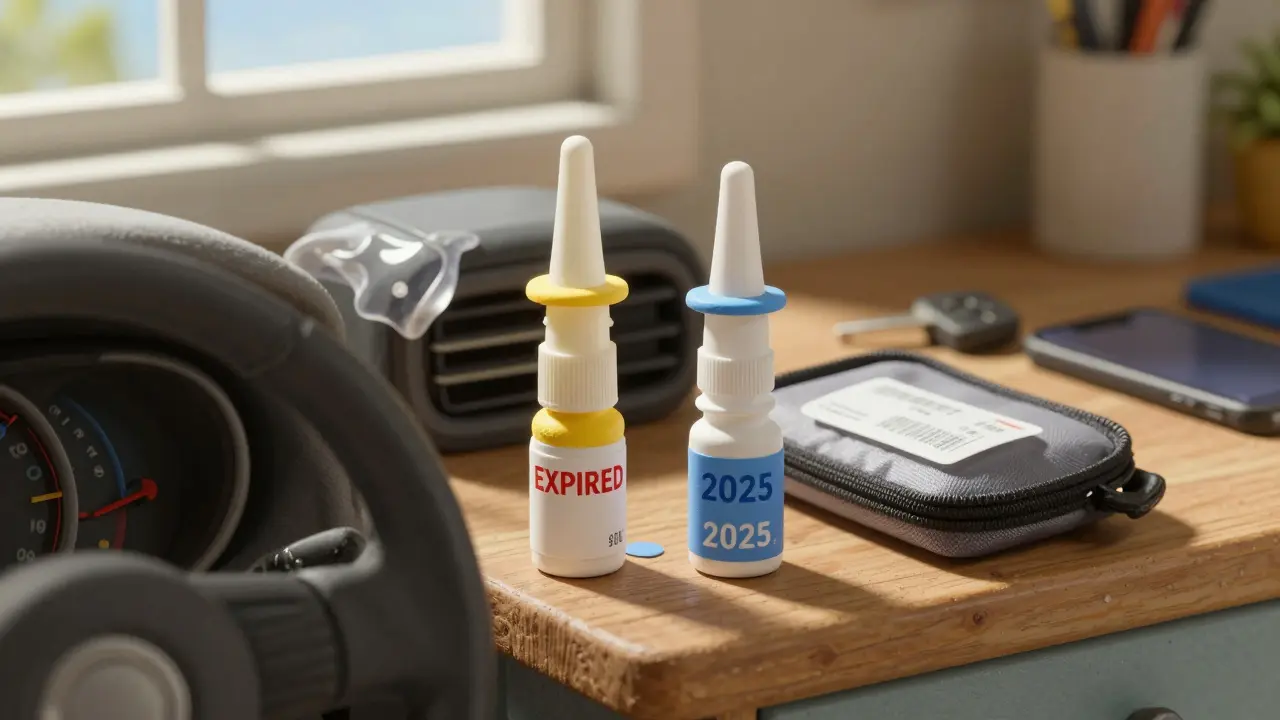 Two naloxone kits side by side: one damaged by heat in a car, the other safely stored in a pouch on a kitchen counter.