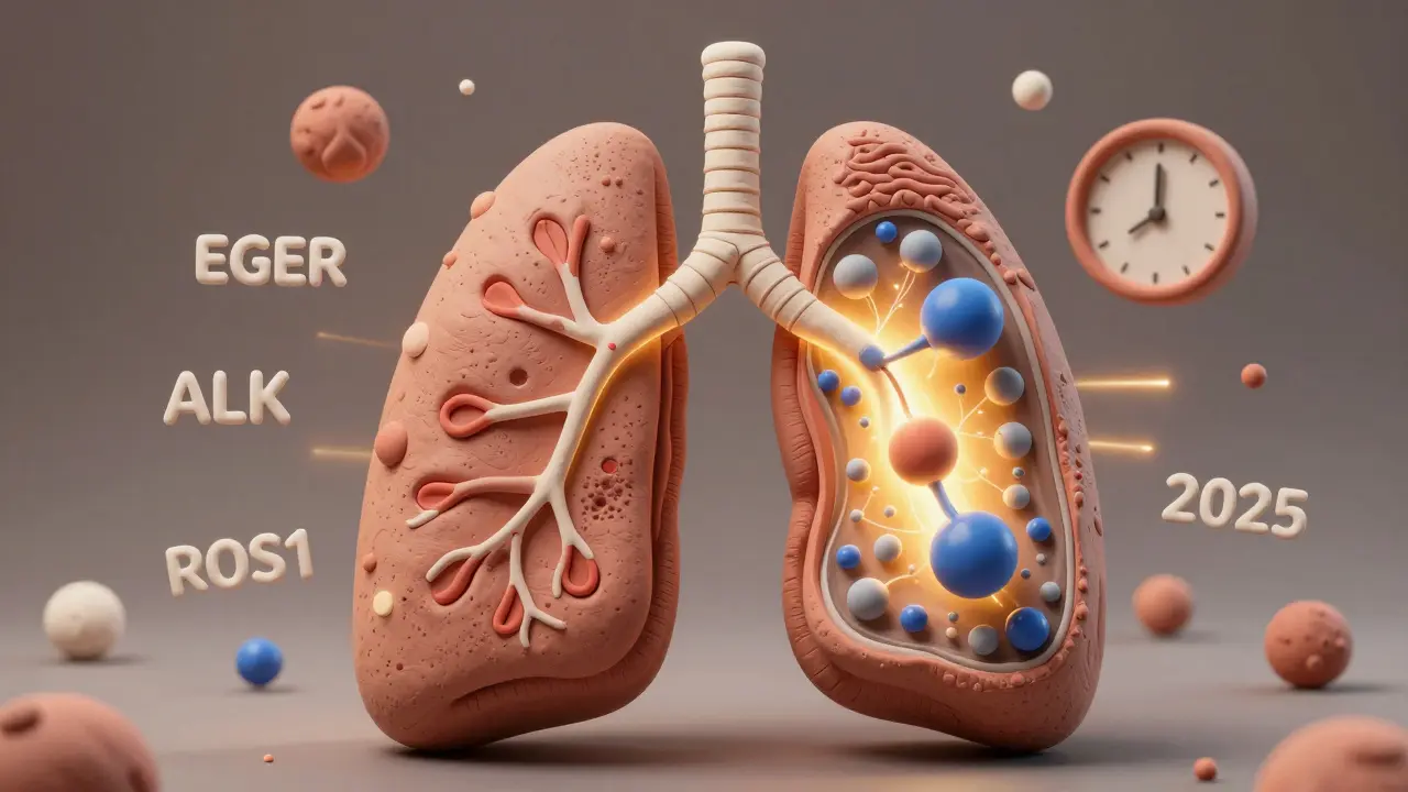 A clay-rendered human lung with a pathway from blood test to targeted therapy, glowing with scientific symbols, in clay illustration style.