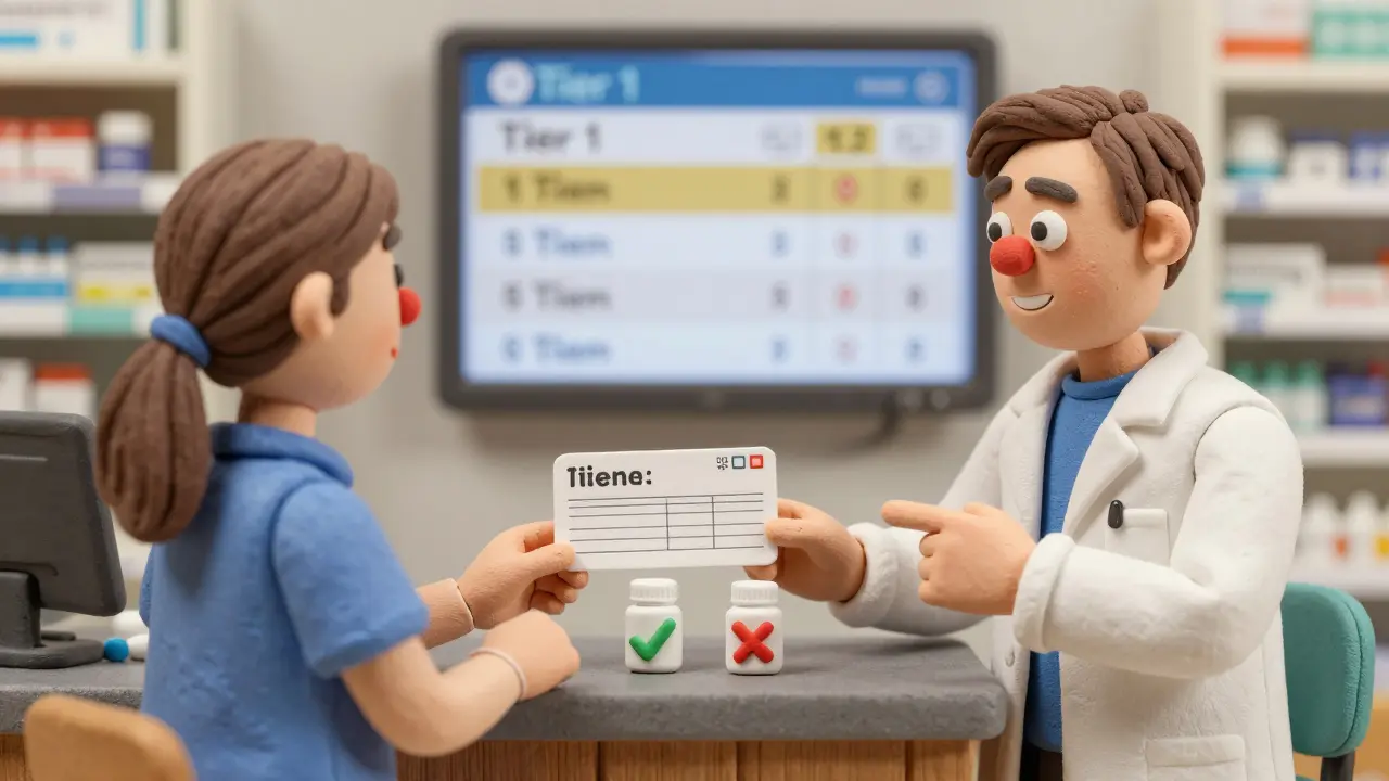 A patient at the pharmacy counter being shown which generic pill is covered, with tiered pricing on a screen behind.