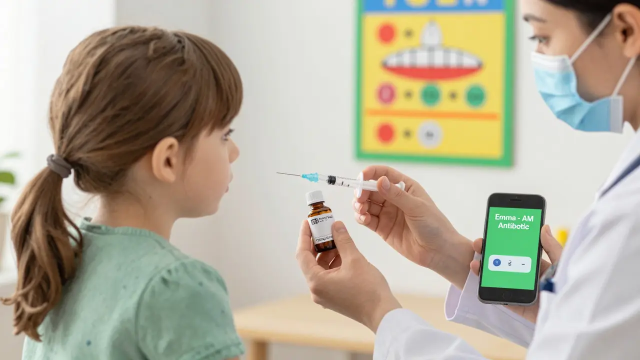 A pediatrician shows a parent how to use an oral syringe for accurate medicine dosing.