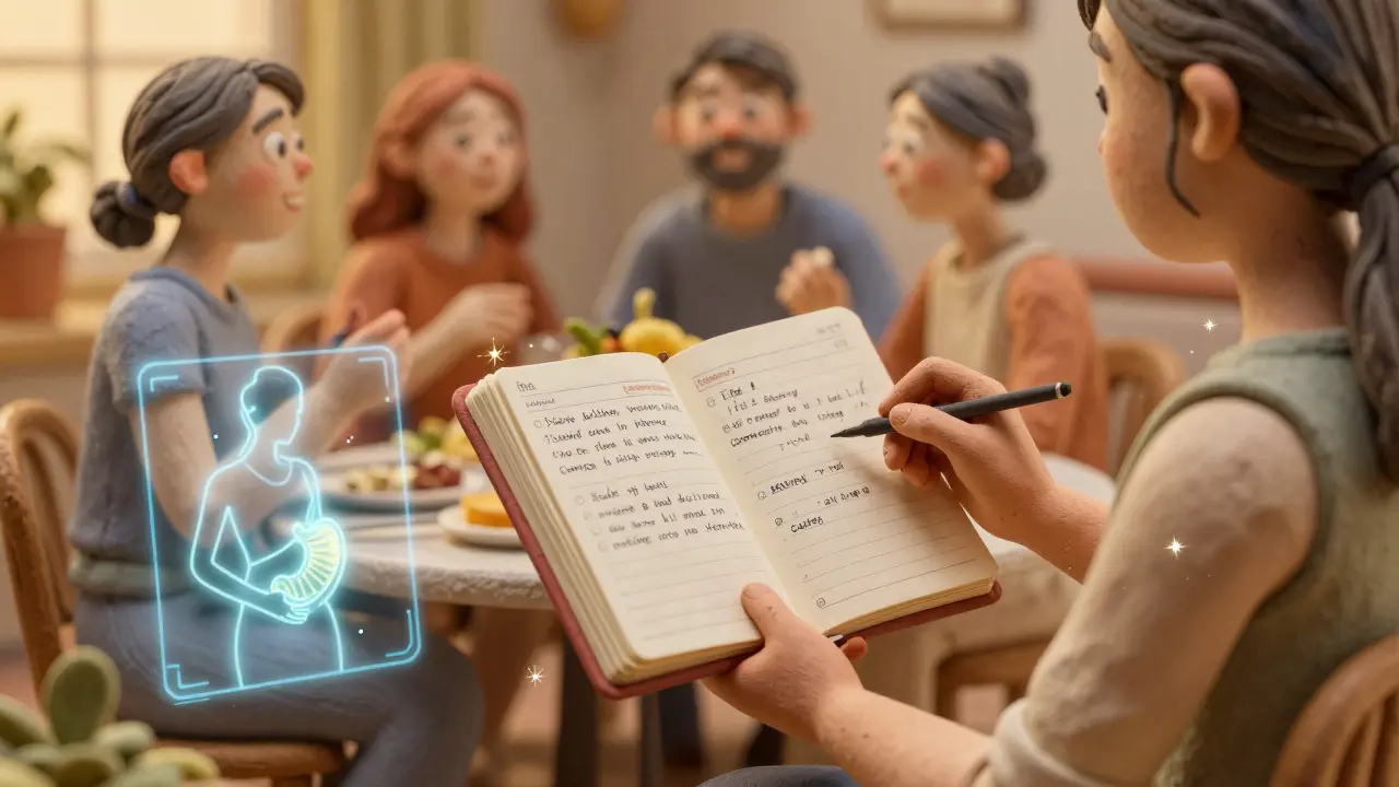A woman tracking her food diary with an AI-enhanced stomach scan, symbolizing improved health.