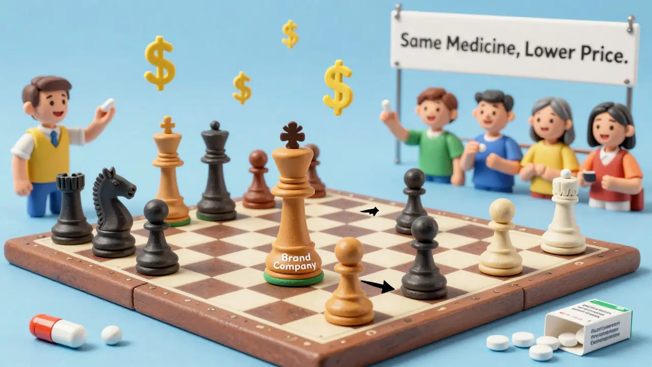 Chessboard with pharmaceutical products as pieces, brand company blocking generic competition with an authorized generic pawn.