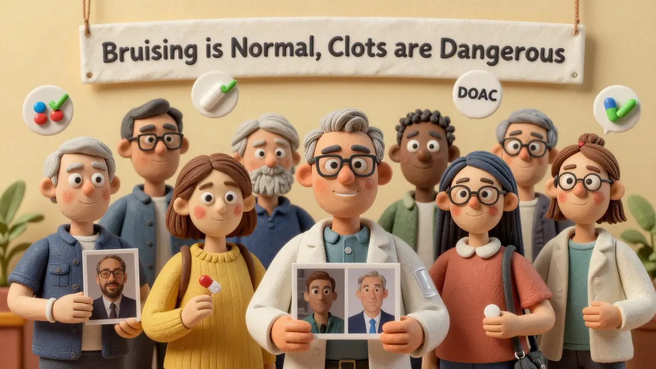 Diverse patients smile with mild bruising after cosmetic procedures, surrounded by medication icons.