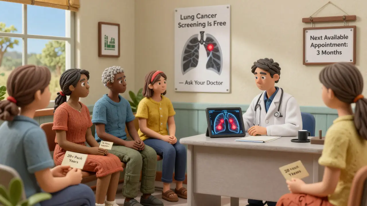 Diverse patients waiting in a rural clinic with a doctor using a tablet to show a lung scan, in clay illustration style.