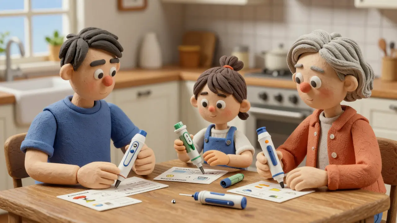 Family practicing with epinephrine auto-injectors at kitchen table, trainer devices visible.
