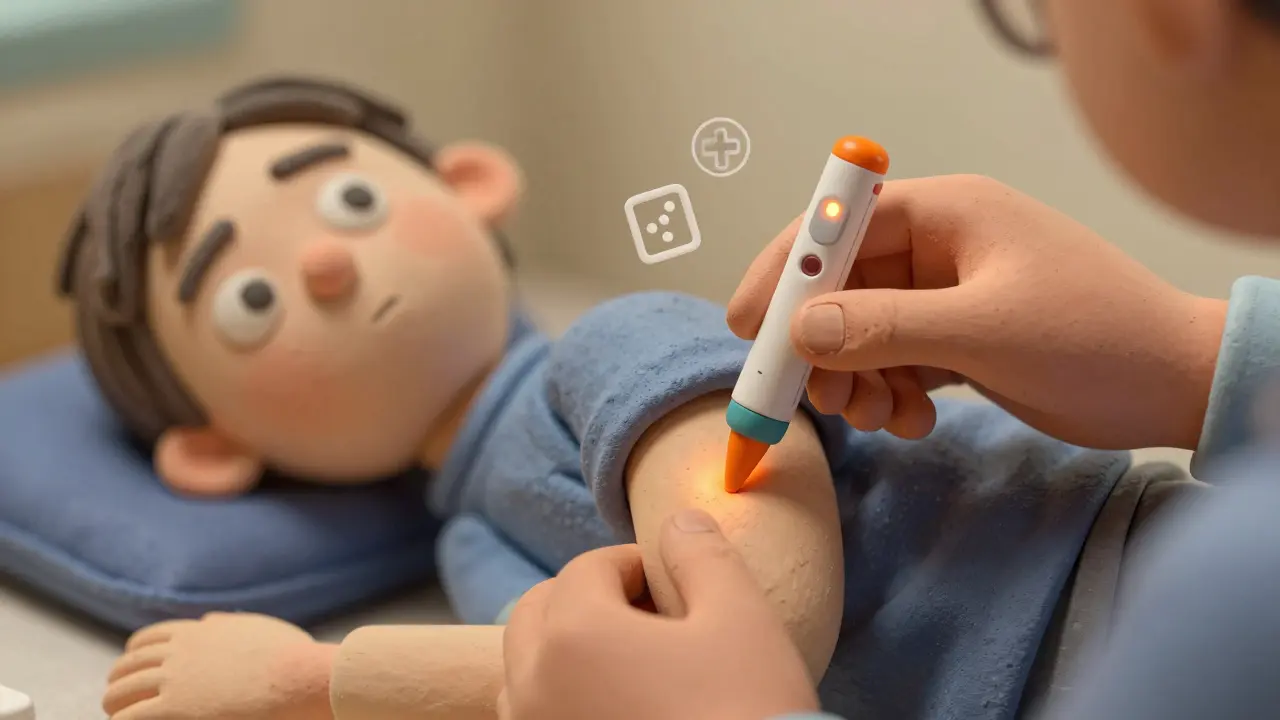 Hand injecting EpiPen into outer thigh of a child, timer glowing above, calm determination.