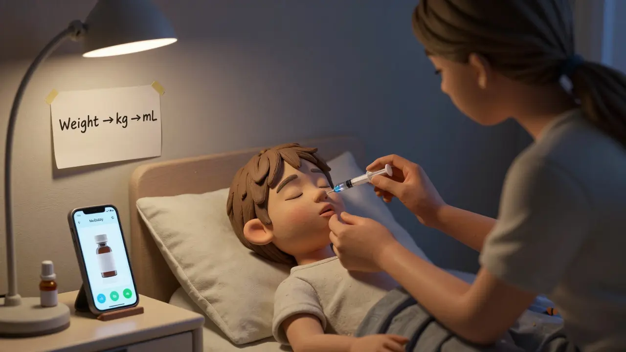 Parent giving liquid medicine to a child at night using an oral syringe, with a phone displaying a dosing app on the nightstand.