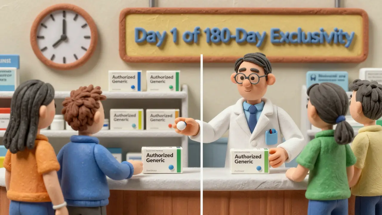Pharmacist giving a patient an authorized generic pill box while the brand version sits on the shelf behind.