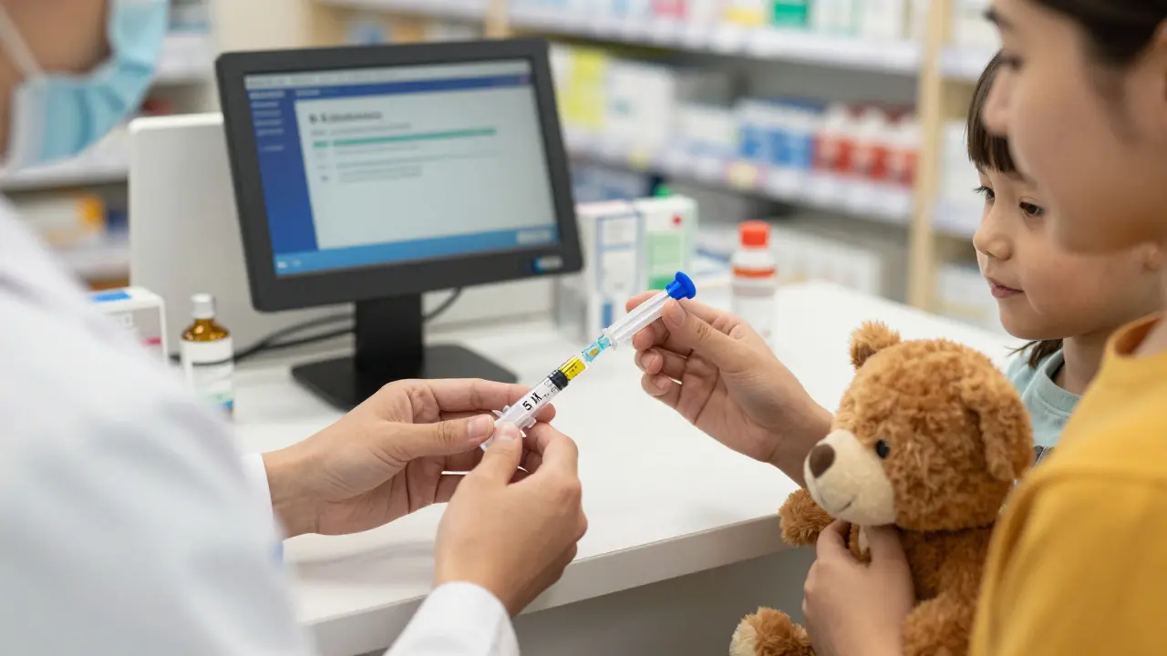 Pharmacist handing a color-coded oral syringe to a parent at the pharmacy counter, with medicine labeled in milliliters.