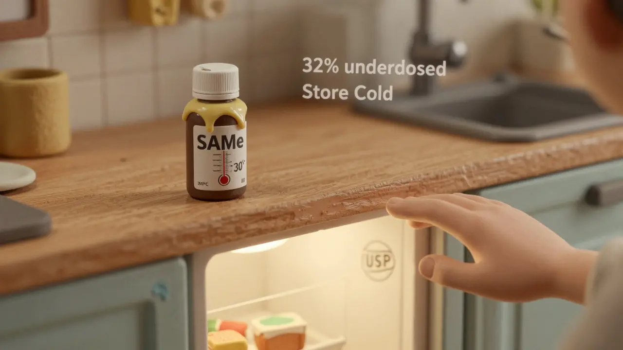 SAMe bottle melting on a warm counter next to a refrigerated, certified supplement box.