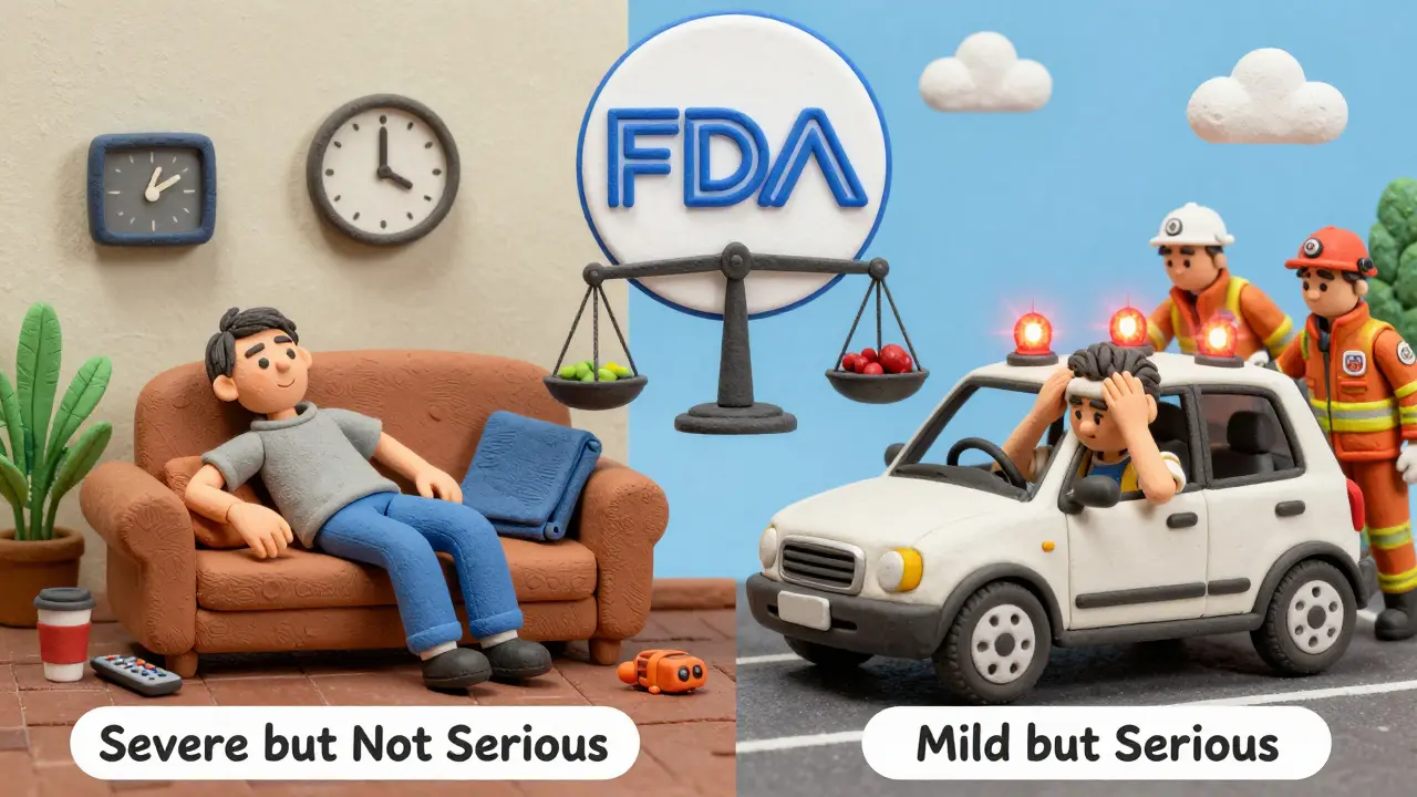 Side-by-side comparison of severe but non-serious fatigue versus a mild headache causing a car crash and hospitalization.