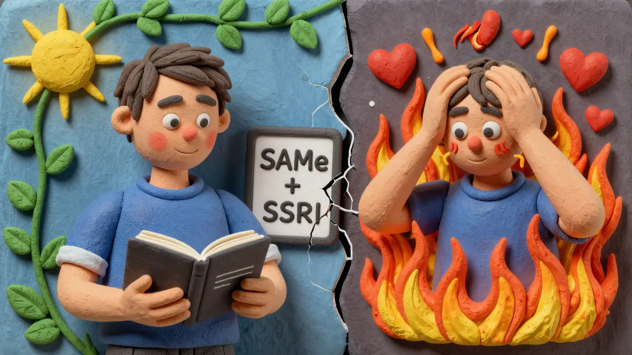 Split image showing a person experiencing mood improvement on one side and serotonin syndrome symptoms on the other.