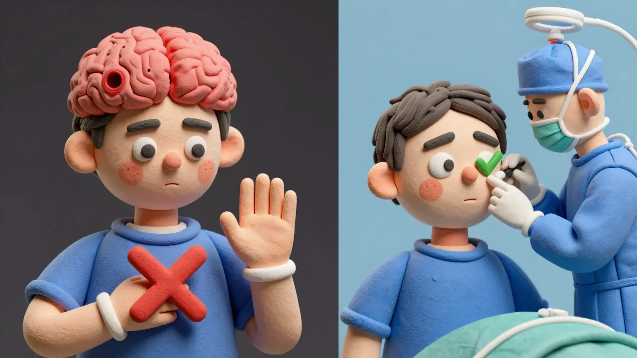 Split scene: stopping blood thinners causes a brain clot, while skipping a dose allows safe surgery.