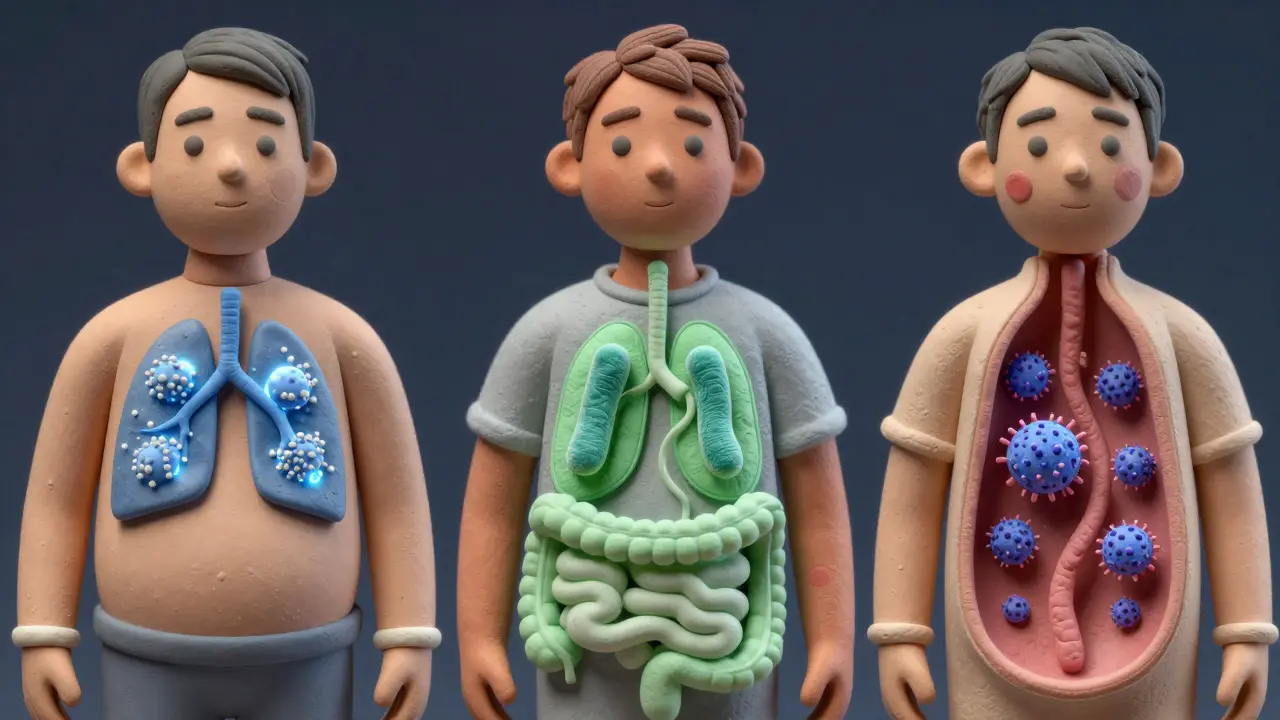 Three patients with invisible infections: fungal spores in lungs, parasites in gut, and viral particles in blood, all without visible symptoms.