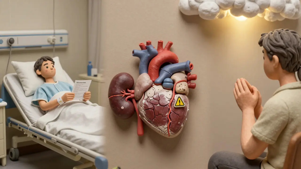 Three scenes: a discharged patient, damaged internal organs, and someone in therapy—all illustrating long-term effects of overdose without text or labels.