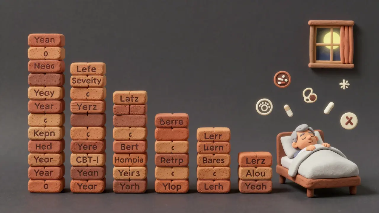 A clay graph showing insomnia severity dropping over ten years after CBT-I, with a peaceful sleeper at the end.