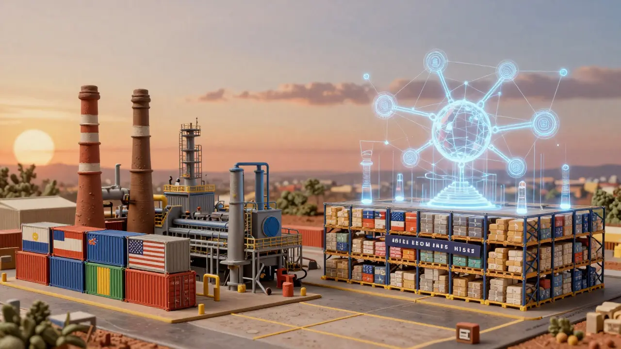 A hybrid drug supply chain showing U.S. manufacturing alongside digital AI and stockpiles, with diverse global shipping containers.