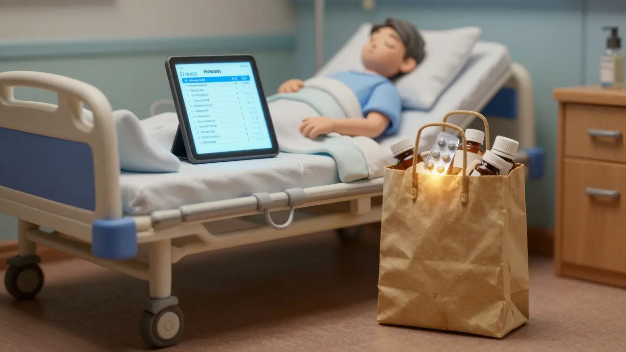 A patient asleep in a hospital bed with a brown bag of meds on the floor beside them.