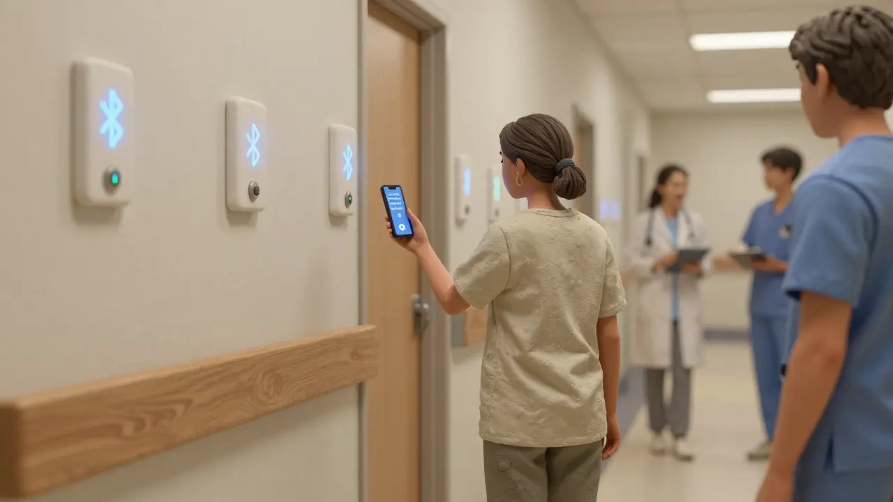 A patient navigating a hospital hallway guided by voice alerts from Bluetooth-enabled signage.