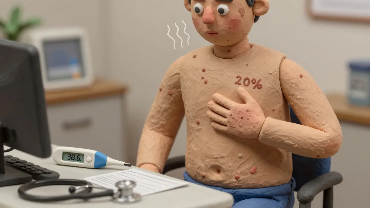 A patient with widespread hives and facial swelling sitting in a doctor’s office, clay illustration.