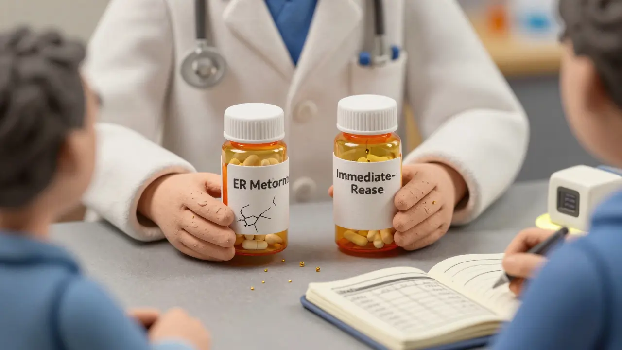 A pharmacist comparing extended-release and immediate-release medication forms, with a patient tracking health metrics.
