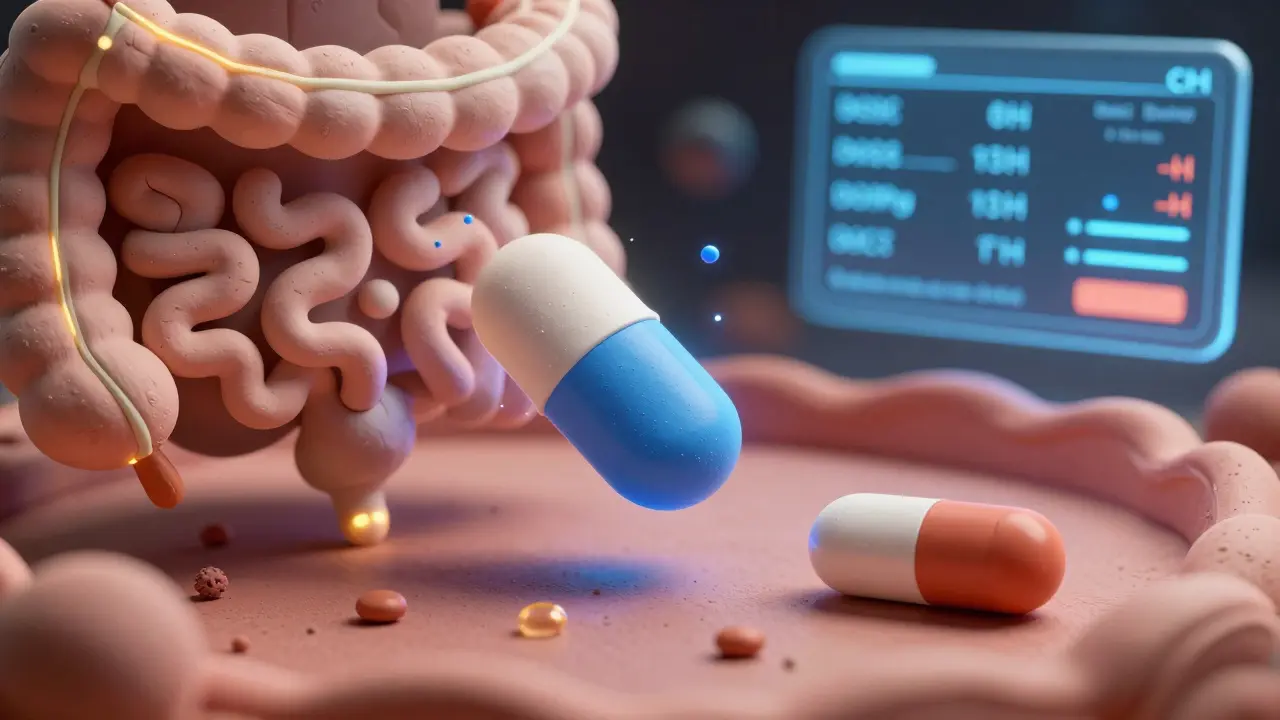 A smart pill dissolving in a high-pH intestine while a traditional pill remains intact, with a digital dosing interface in the background.