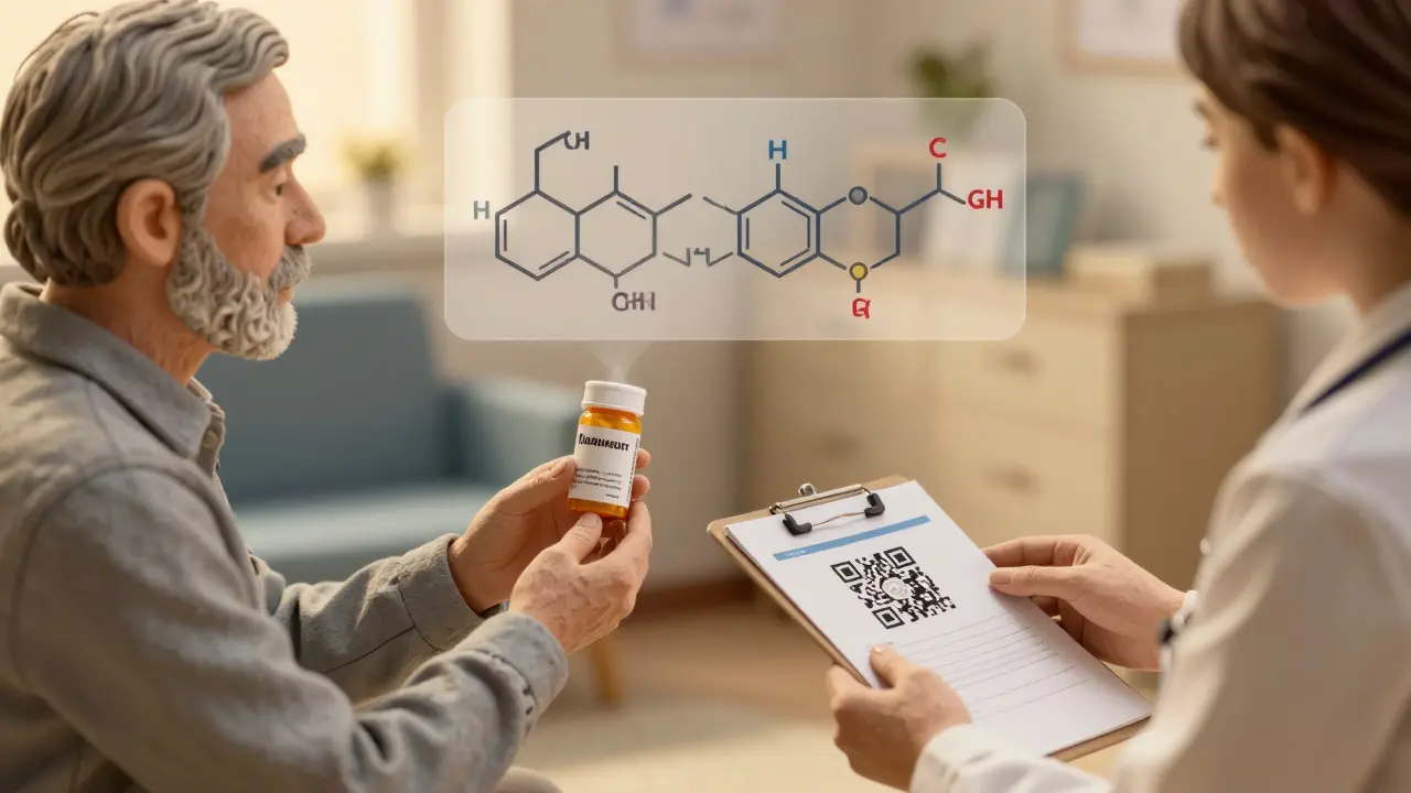 An elderly patient and psychiatrist discussing medication, with a translucent chemical structure above the pill.