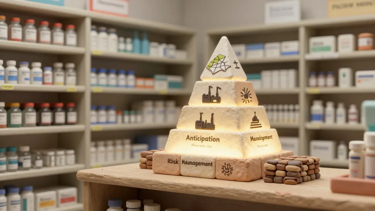 An empty hospital shelf with a glowing pyramid of resilience pillars rising behind it, representing anticipation, planning, and risk management.