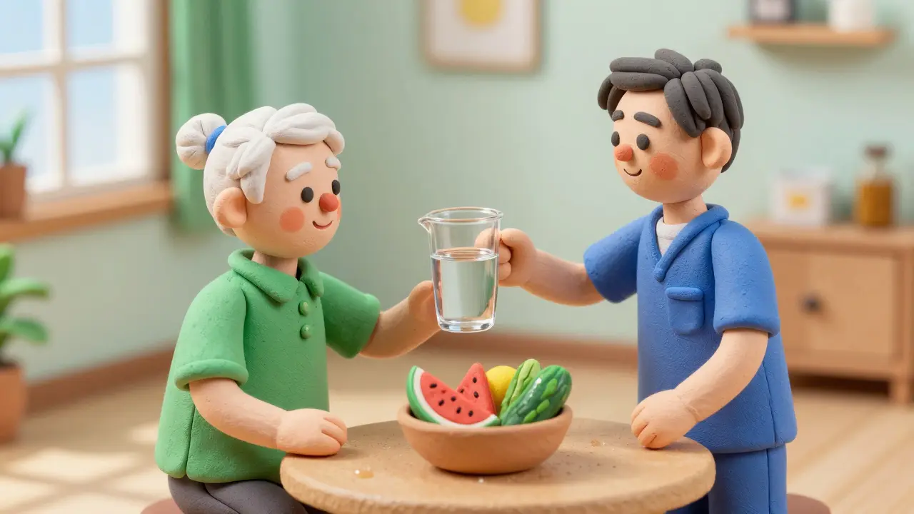 Caregiver offering water and fresh fruit to senior person