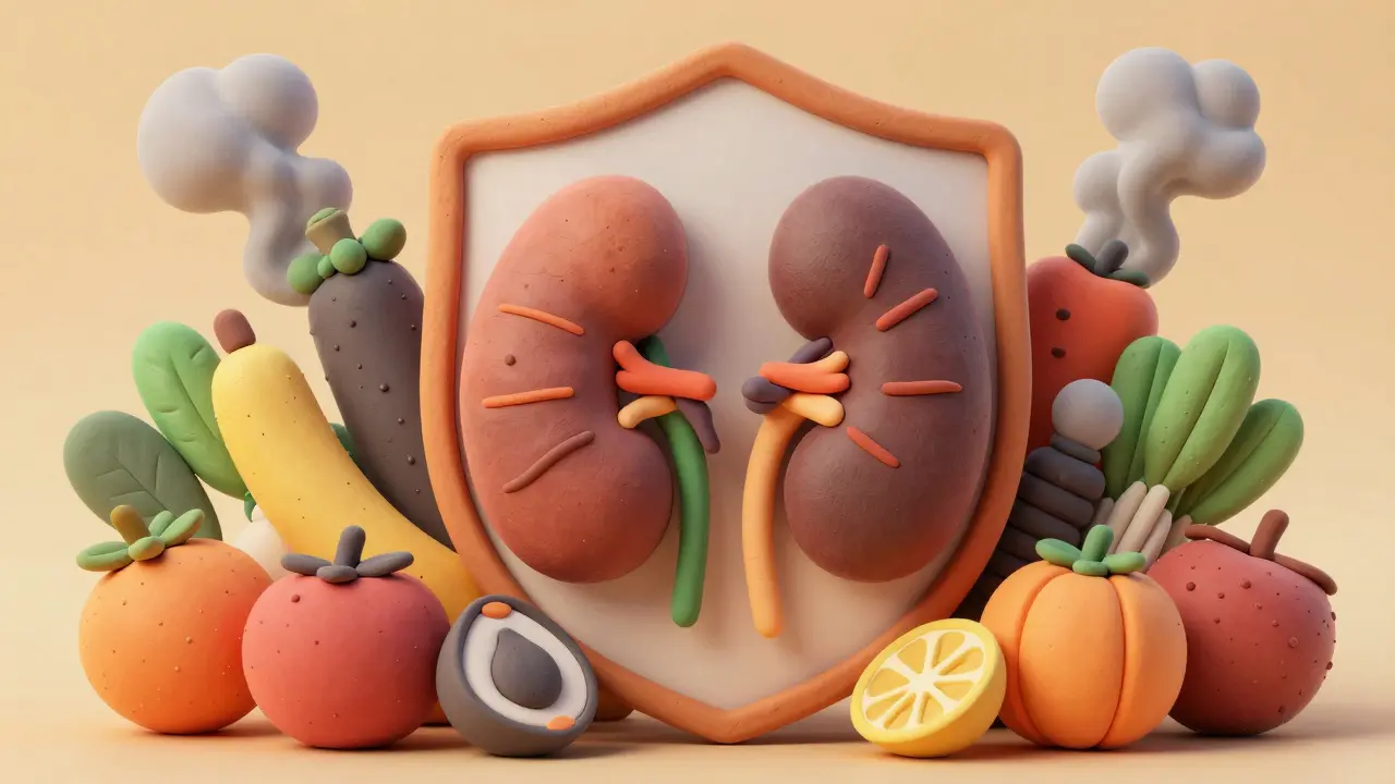 Clay kidney shielded by fruits and vegetables against smoke