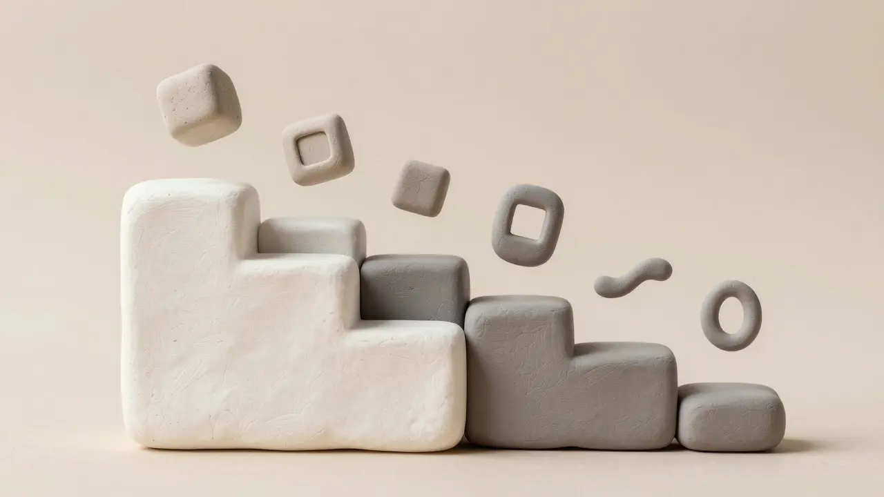 Clay steps changing color with sugar and wave symbols nearby