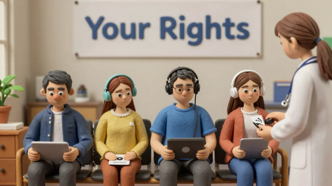 Diverse patients in a clinic using audio tools while a staff member offers an audio file on a USB drive.